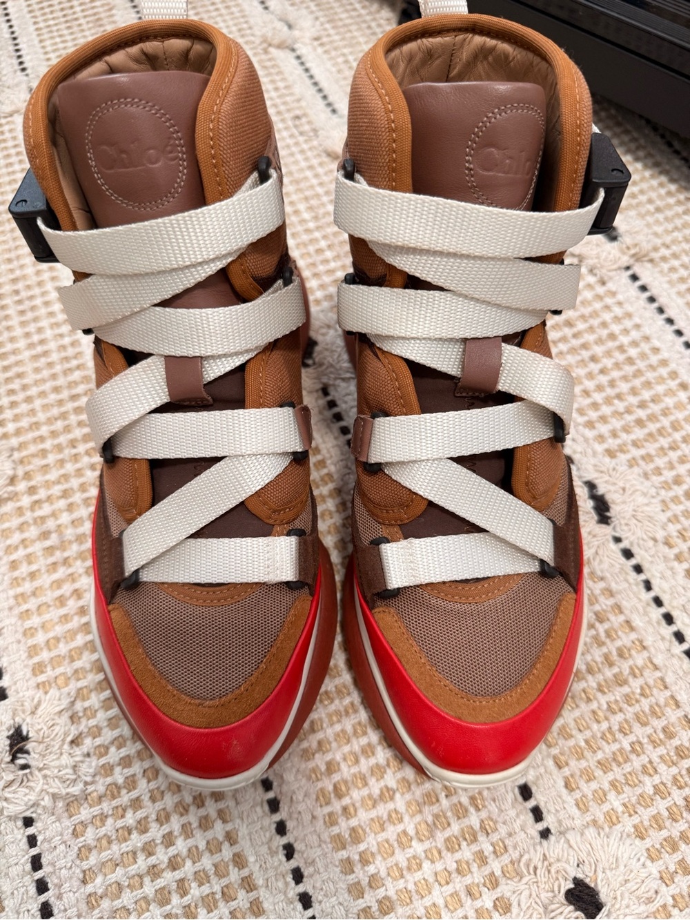 Chloé Women’s Brown Leather & Red Accent High-Top Sneakers